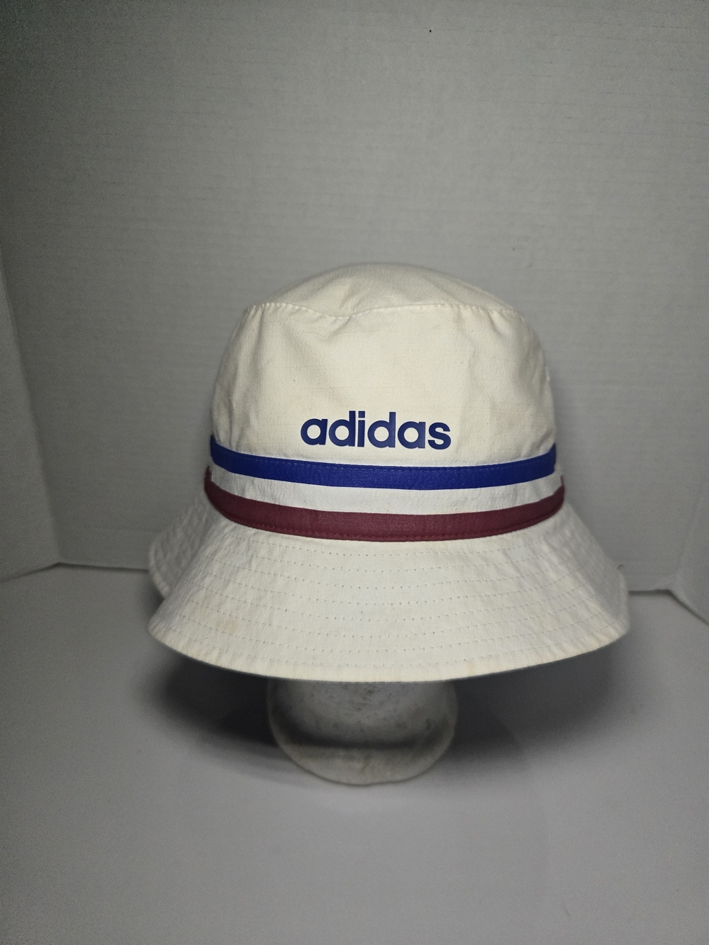 Unisex adidas Cream Bucket Hat with Blue and Maroon Stripes and Logo